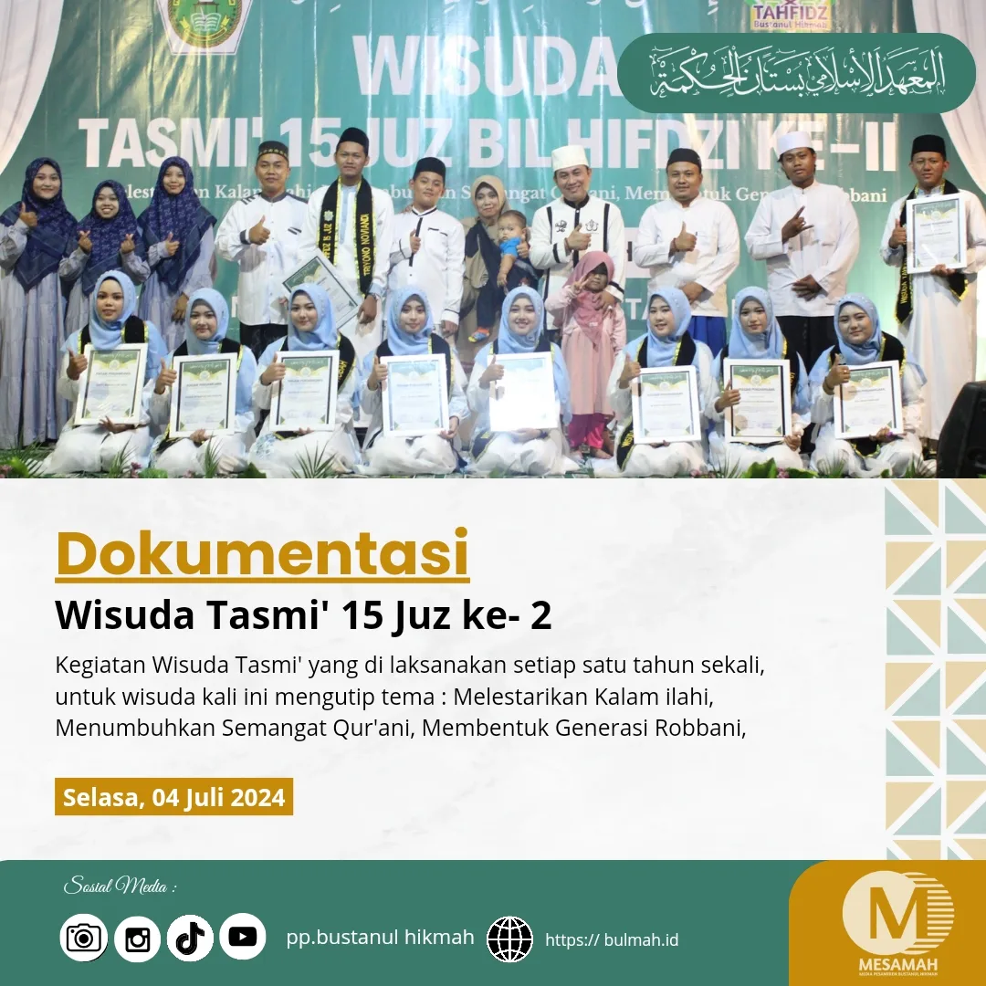 Dokumentasi wisuda Tasmi 15 Juz Bil Ghoib Ke - 2 Dengan tema - Melestarikan Kalam ilahi,Menumb
